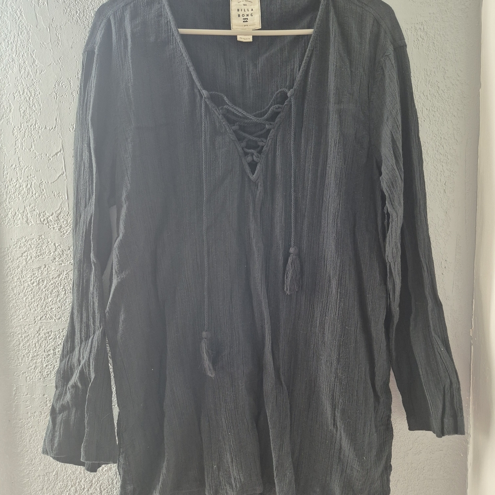 Billabong Relaxed Gray 3/4 Sleeve Tie Front Tunic